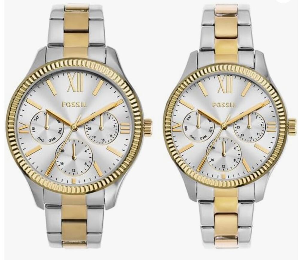 His and Hers Multifunction Two-Tone Stainless Steel Watch Set Fossil